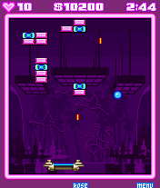 Block Breaker Deluxe (J2ME) screenshot: With the laser, you can shoot the bricks while keeping an eye on the ball.