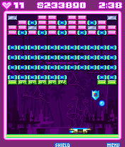 Block Breaker Deluxe (J2ME) screenshot: Collecting a shield power-up activates a horizontal bar below your paddle.
