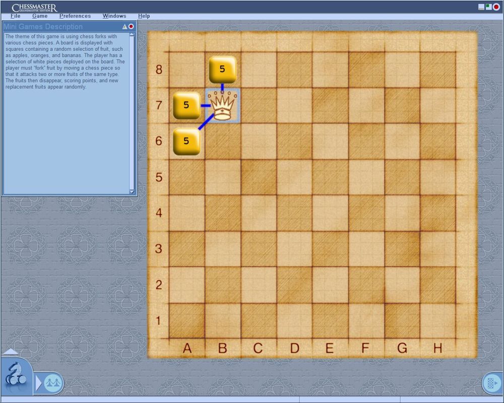 Chessmaster: Grandmaster Edition (Windows) screenshot: The tutorial for the Fork My Fruit mini game. Here the player must move their chess piece so that it is attacking two or more peces