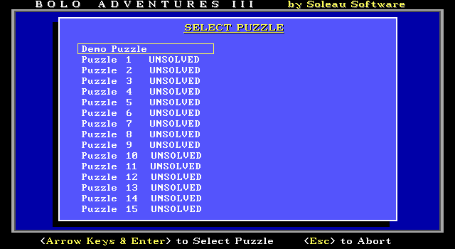 Bolo Adventures III (DOS) screenshot: Level selection
