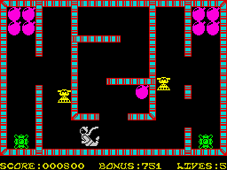 Bomber Bob In Pentagon Capers (ZX Spectrum) screenshot: Starting in the 5th set of rooms