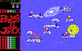 Bomb Jack II (Commodore 64) screenshot: Main objective is to collect sacks full of gold