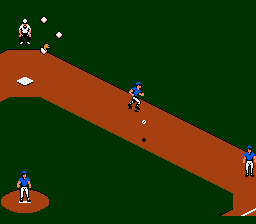 Bo Jackson Baseball (NES) screenshot: The next shot was a good hit. For the record the man running for the ball missed and it hit the back wall.