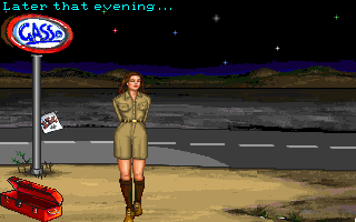 Leather Goddesses of Phobos! 2: Gas Pump Girls Meet the Pulsating Inconvenience from Planet X (DOS) screenshot: The starting location (MCGA/VGA)