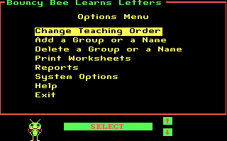 Bouncy Bee Learns Letters (DOS) screenshot: The options menu