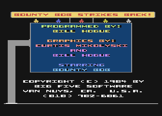 Bounty Bob Strikes Back! (Atari 8-bit) screenshot: Title screen (Big Five Software release)