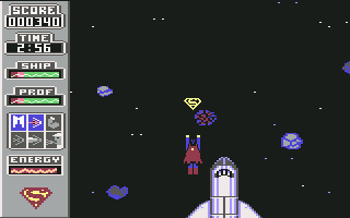Superman: The Man of Steel (Commodore 64) screenshot: Defending the shuttle from asteroids