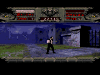 Bram Stoker's Dracula (SEGA CD) screenshot: The backdrop rotates in some instances instead of scrolling on a flat track.