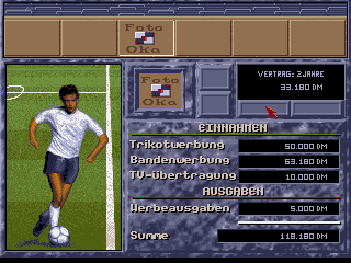 Bundesliga Manager Professional (DOS) screenshot: Choosing sponsors for the stadium and team (German version).