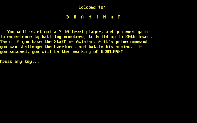 Braminar (DOS) screenshot: Title screen, introduction