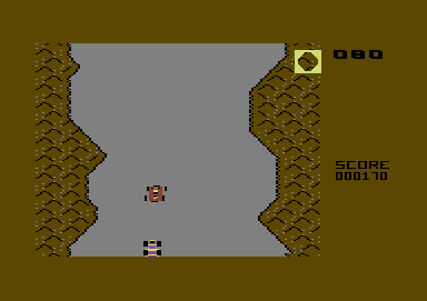 Bumping Buggies (Commodore 64) screenshot: The road gets narrower
