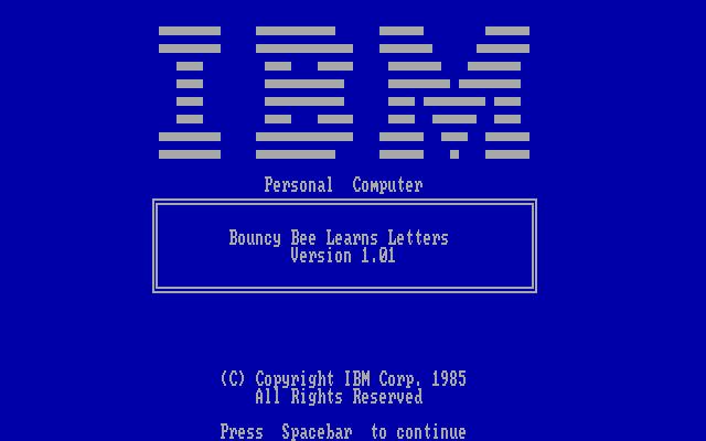 Bouncy Bee Learns Letters (DOS) screenshot: IBM logo and title screen 1