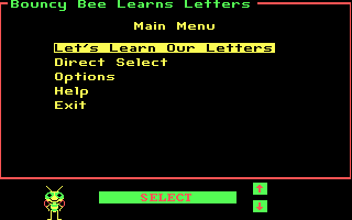 Bouncy Bee Learns Letters (DOS) screenshot: The main menu