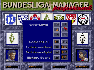 Bundesliga Manager Professional (DOS) screenshot: Choosing game options (German version).