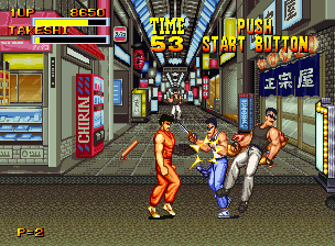 Burning Fight (Neo Geo CD) screenshot: You know that a mall isn't very good when there are no security guards supervising the area, waiting to break up any possible fights...