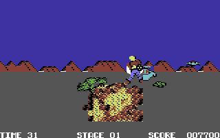 Space Harrier (Commodore 64) screenshot: Stage 1 - blasting some attacking ships