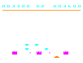 Space Invaders (Dragon 32/64) screenshot: Now they are few but deadly close and deadly fast!