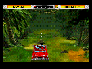 Cadillacs and Dinosaurs: The Second Cataclysm (SEGA CD) screenshot: Driving through the jungle, shooting.
