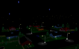 SpaceKids (DOS) screenshot: Cut-scene: An average Earth village -- a suburban subdivision.