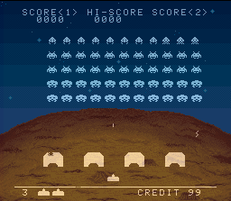 Space Invaders (SNES) screenshot: Upright cabinet screen - Invaders on the Moon!