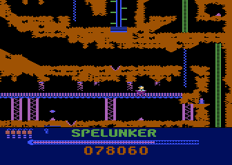 Spelunker (Atari 8-bit) screenshot: Ride a mine car!