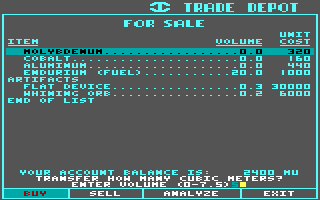 Starflight (DOS) screenshot: Trade depot (EGA/Tandy)