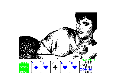 Strip Poker II Plus (Amstrad CPC) screenshot: My first hand - three hearts could be good