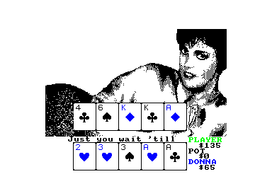 Strip Poker II Plus (Amstrad CPC) screenshot: Predictable captions on the table time