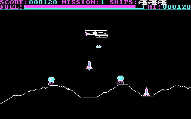 Striker (DOS) screenshot: Blow up the fuel tanks marked with "F" to collect points in the first couple of levels. Later on in the game you'll actually collect fuel from them by doing so.