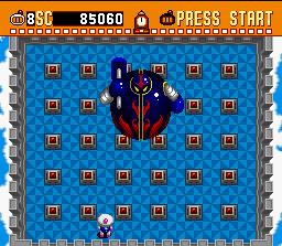 Super Bomberman (SNES) screenshot: This is the first boss. Look out with that hammer...