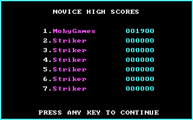 Striker (DOS) screenshot: High scores.