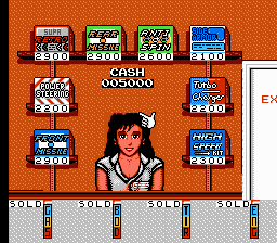 Super Cars (NES) screenshot: The Garage, here you can buy parts and repair your car.