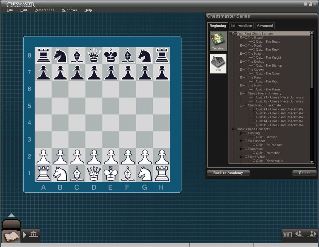 Chessmaster: Grandmaster Edition (Windows) screenshot: This is the Chessmaster Academy has three training sections. This is the Chessmaster section which is a series of tutorials for three skill levels.