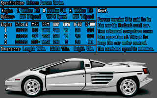Super Cars (Amiga) screenshot: Specification for Retron Parsec Turbo