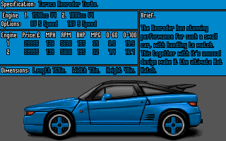 Super Cars (Amiga) screenshot: Specification for Taraco Neoroder Turbo
