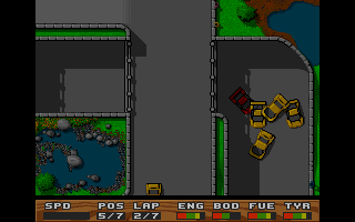 Super Cars (Amiga) screenshot: Class 2 , Track 6 - collective accident in the curve