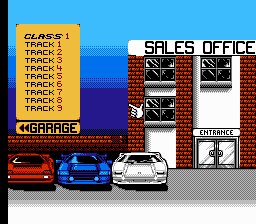Super Cars (NES) screenshot: Main menu, from here you can go to the Garage, to the Sales Office or directly into racing.