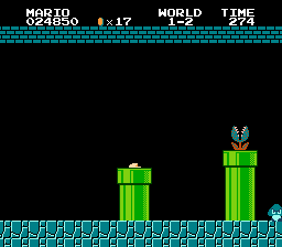 Super Mario Bros. (NES) screenshot: Mario slips down a pipe; a piranha plant slips out of another.