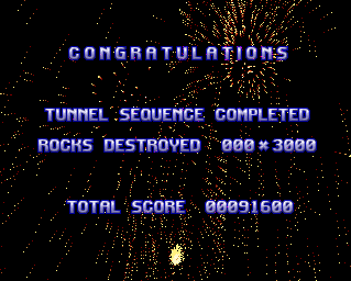 Super Stardust (Amiga) screenshot: Congratulations! Tunnel sequence completed!
