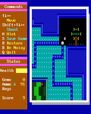 Super ZZT (DOS) screenshot: This scroll will tell me to collect the bananas from that tree