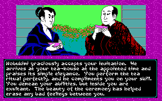Sword of the Samurai (DOS) screenshot: Visit rival strongholds and invite them to tea parties to strengthen friendly ties.