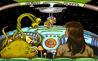 Leather Goddesses of Phobos! 2: Gas Pump Girls Meet the Pulsating Inconvenience from Planet X (DOS) screenshot: Traveling through space (MCGA/VGA)