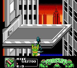 Teenage Mutant Ninja Turtles III: The Manhattan Project (NES) screenshot: Mike asks for help from a passer-by