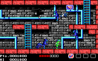 Teenage Mutant Ninja Turtles (DOS) screenshot: Almost to the end of first sewer -- and the coveted pizza health bonus!