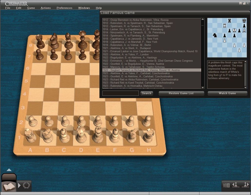 Chessmaster: Grandmaster Edition (Windows) screenshot: This is the Famous Games section, one of the options in the Learning section.<br>This shot shows the simple game selection screen. There is a very comprehensive search function