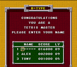 Tetris & Dr. Mario (SNES) screenshot: The records screen has a limit of 3 names (for each mode), then play much for occupy all of them!