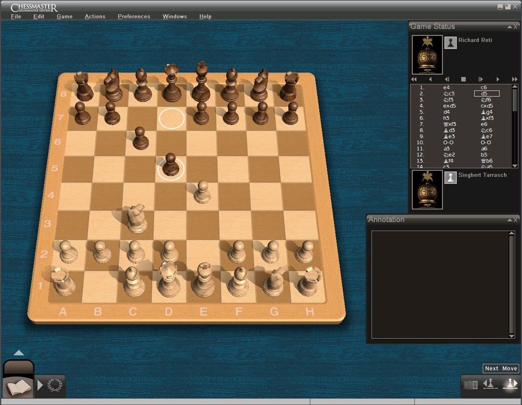 Chessmaster: Grandmaster Edition (Windows) screenshot: The Famous Games section. Having selected a game the player can step through it move by move