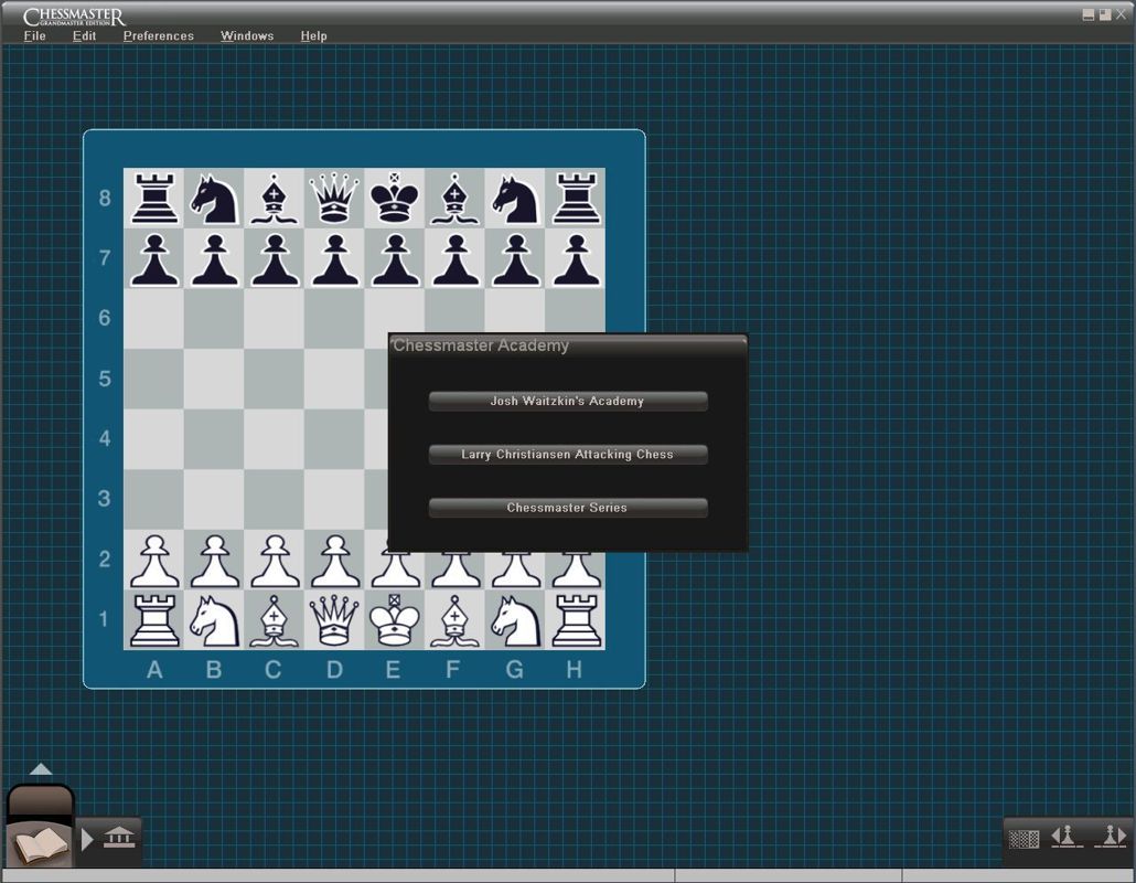 Chessmaster: Grandmaster Edition (Windows) screenshot: This is the Chessmaster Academy, one of the options in the Learning section. The other options in this section are:<br>Famous Games<br>A games database, and<br>Openings.