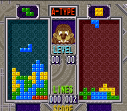 Tetris & Dr. Mario (SNES) screenshot: Tetris VS. COM match: the adversary is a little girl (MEDIUM Level).