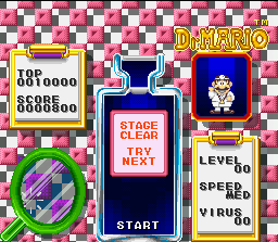 Tetris & Dr. Mario (SNES) screenshot: Stage completed! Go to next and good luck!